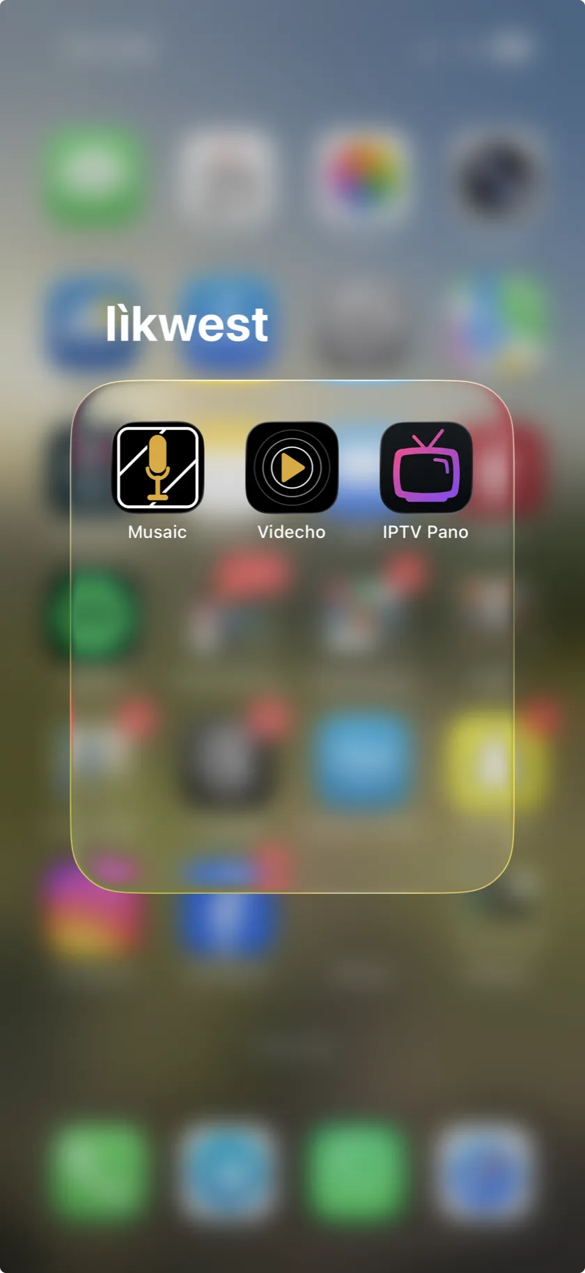 An iPhone home screen with the lìkwest app folder open — Musaic, Videcho and IPTV Pano