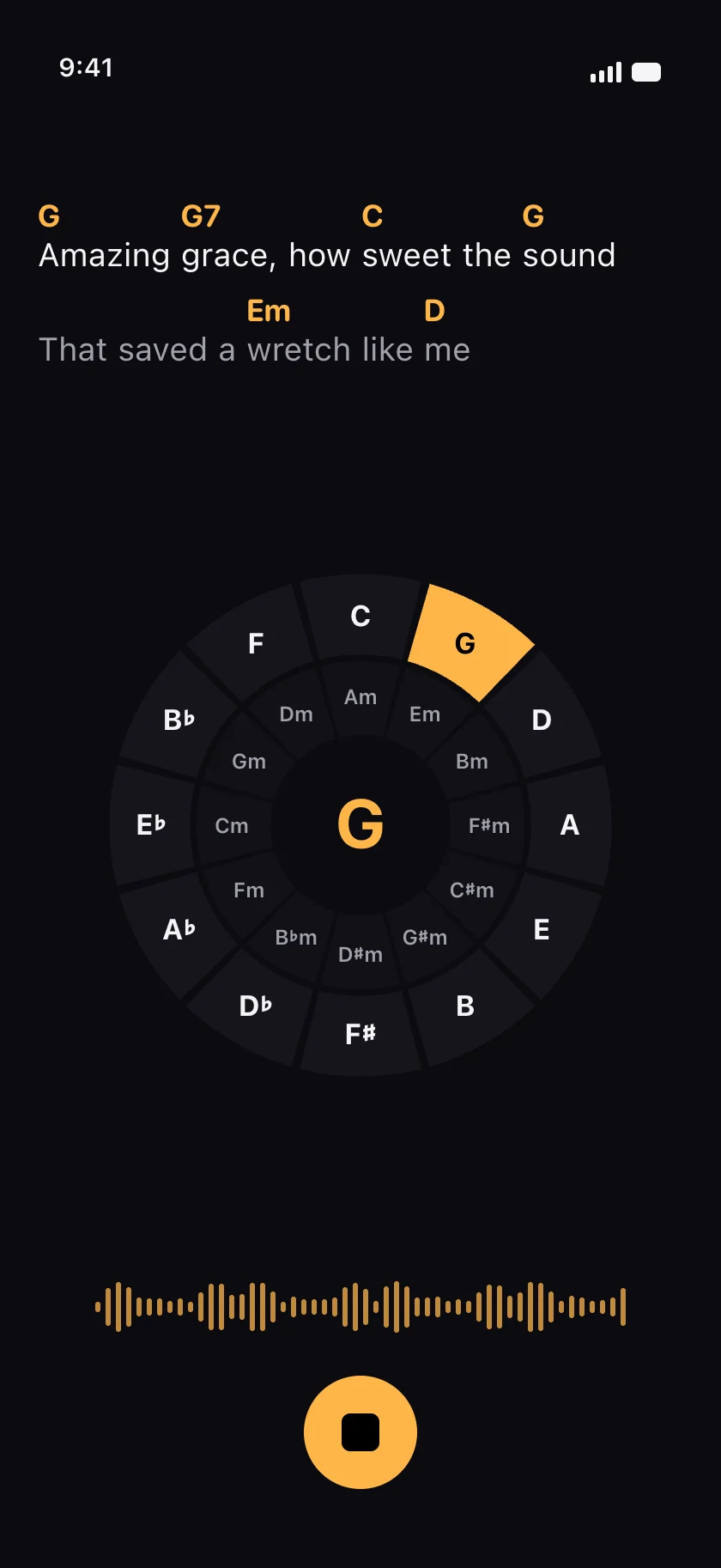 GetChords on an iPhone: the chords light up on a circle of fifths while a song plays