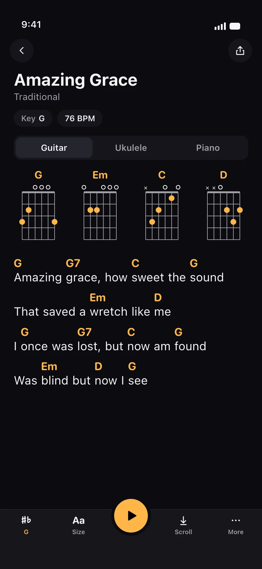 GetChords on an iPhone: guitar chord diagrams above the sheet