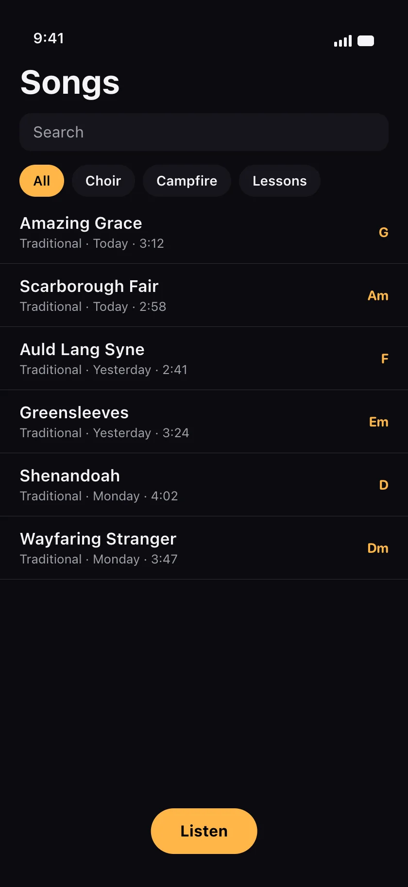 GetChords on an iPhone: a list of songs with folders