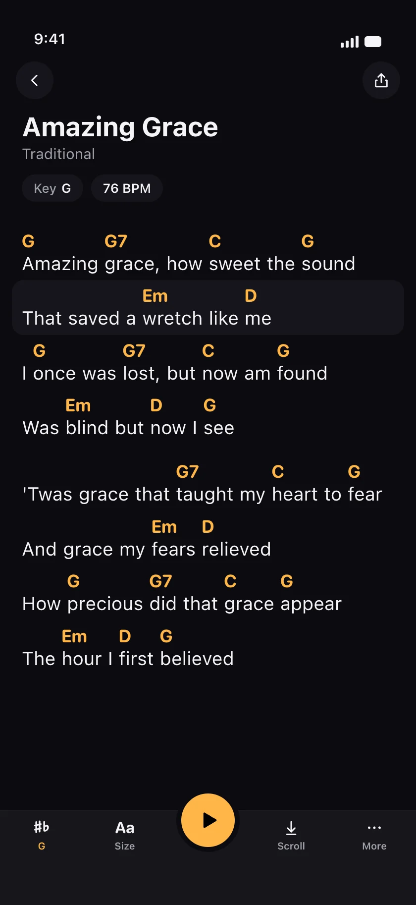 GetChords on an iPhone: Amazing Grace as a chord sheet, with the chords above the lyrics