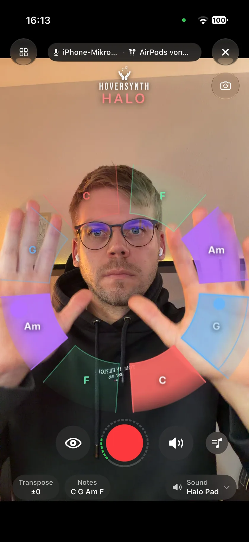 HoverSynth on an iPhone: Halo, a ring of notes around the hand