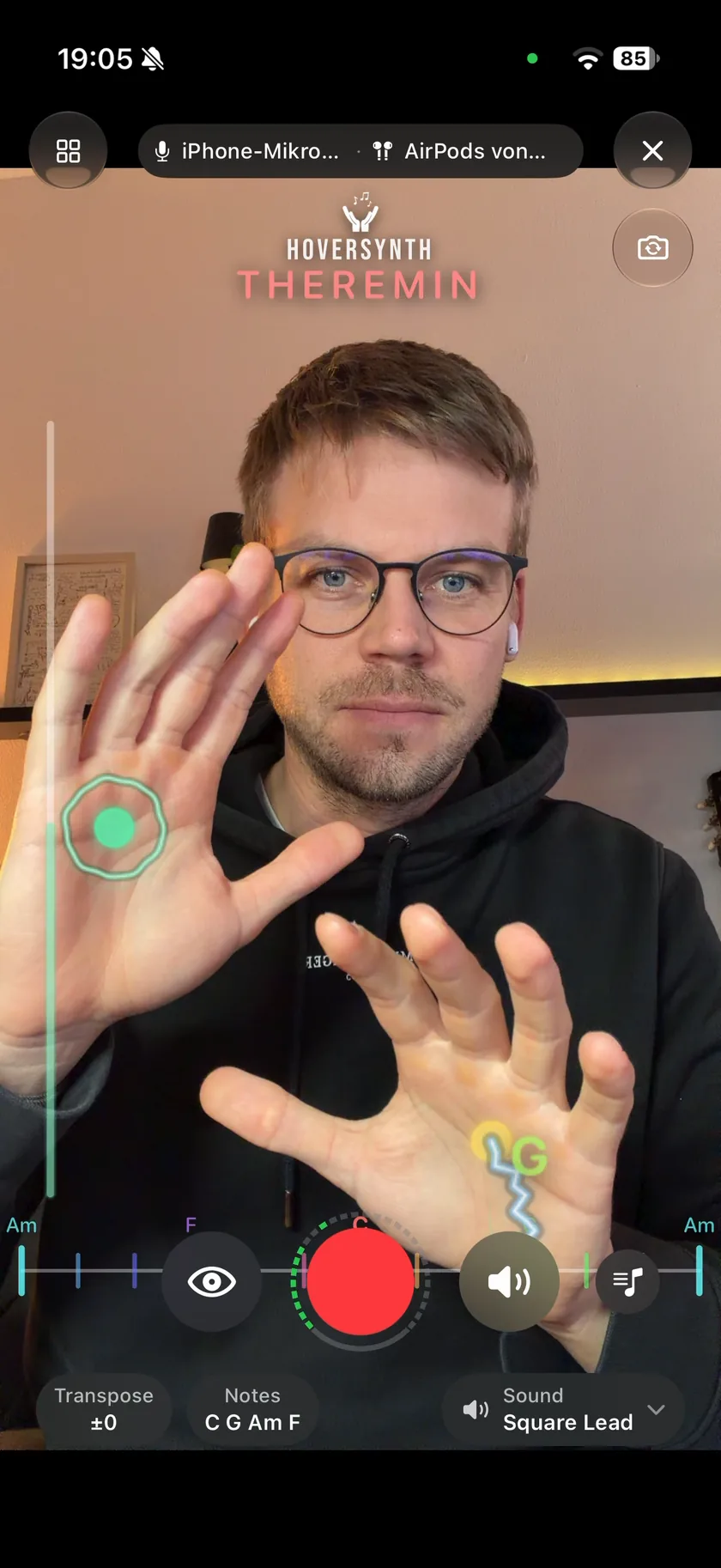 HoverSynth on an iPhone: two hands playing the Theremin in front of the camera