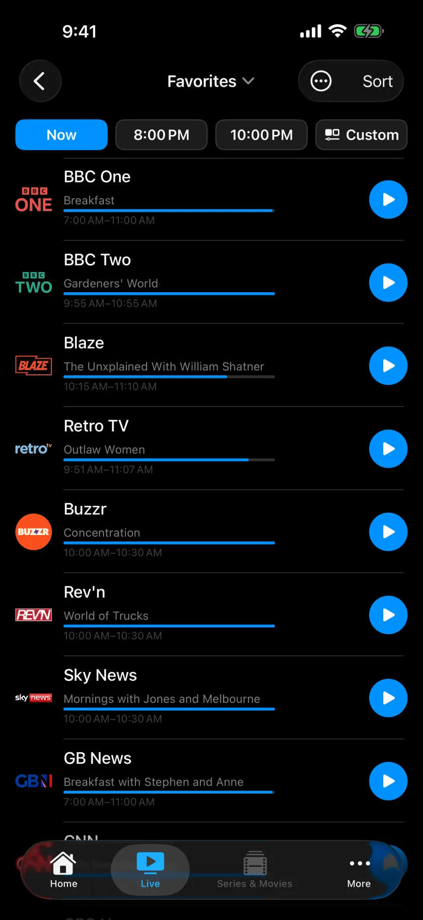 The same favourites list on iPhone, with the Now, 8:00 PM and 10:00 PM switches above it