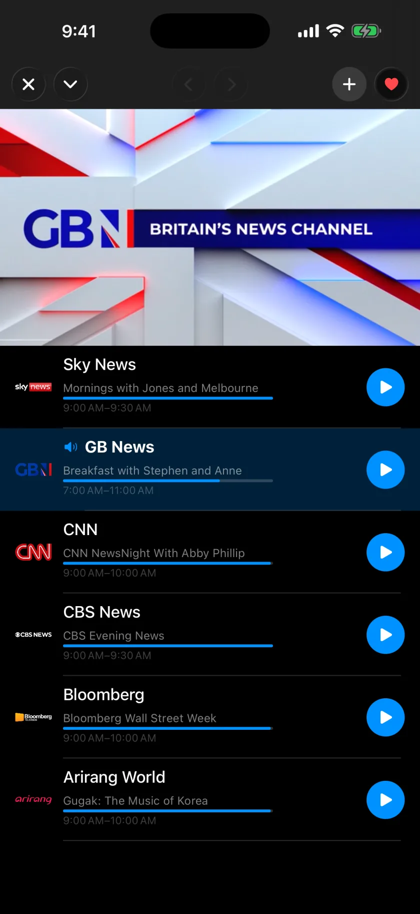 The same on iPhone: the picture on top, the channel list with the running programme underneath