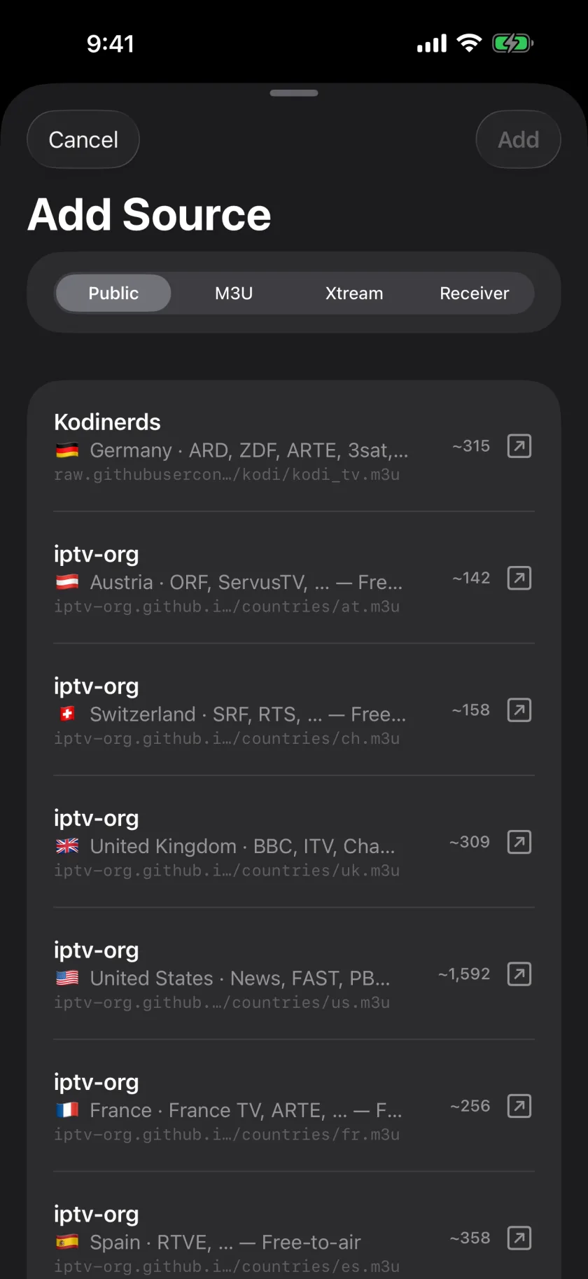 The same Add Source sheet on iPhone