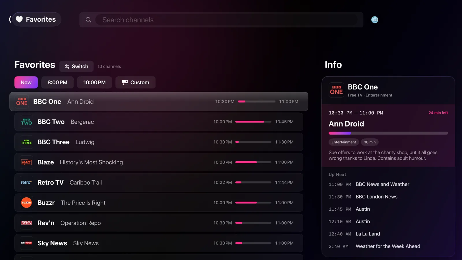 IPTV Pano on Apple TV: a favourites list with the running programme per channel and a details panel