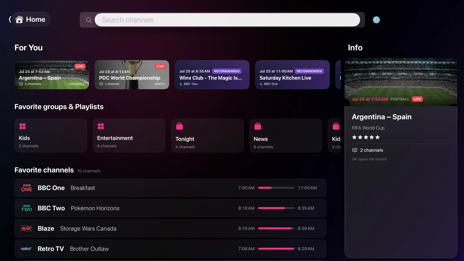 The Home tab of IPTV Pano on Apple TV: a For You rail, favourite groups and playlists, and favourite channels with the running programme
