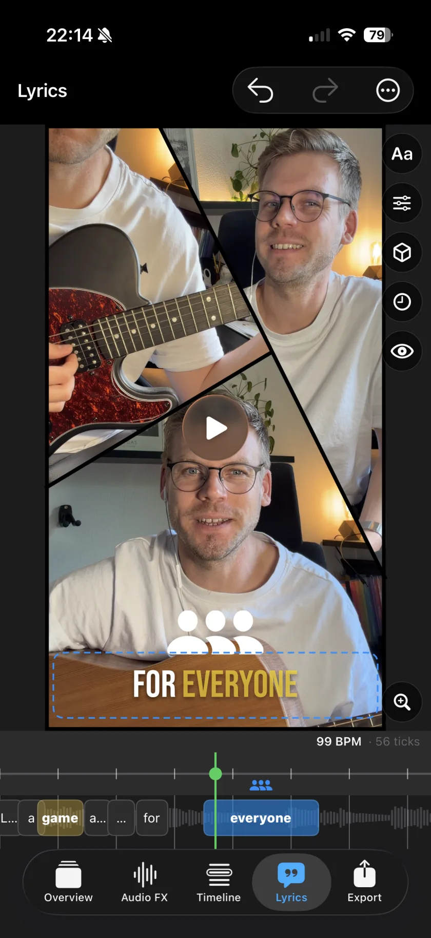 Musaic on iPhone: the same musician three times — electric guitar, vocals and acoustic guitar — in one frame